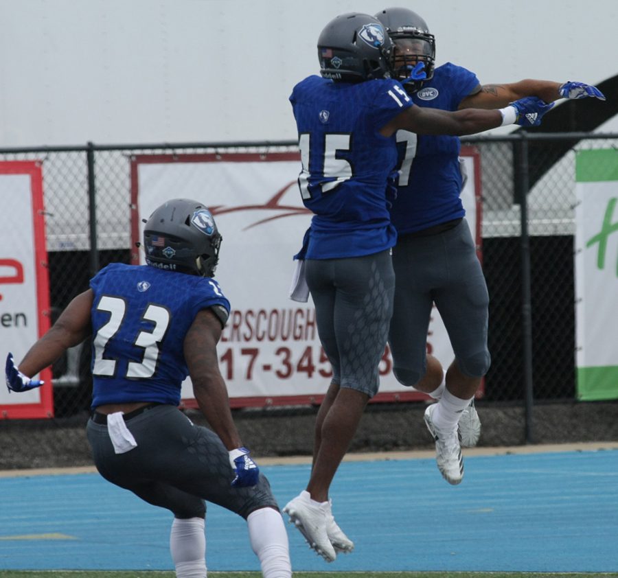 Eastern wide receiver Aaron Gooch (7) and Alexander Hollins (15) celebrate a touchdown socred by Gooch in the Panthers 41-40 to Tennesse State on Saturday. Too have more moments like this the rest of the season, the team has to begin to play better.