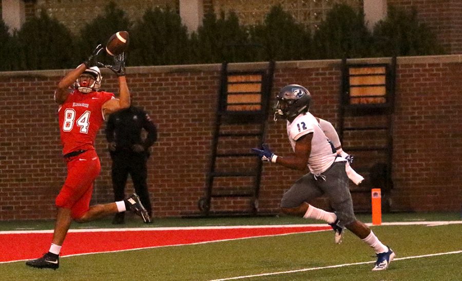 Illinois State receiver Andrew Edgar catches a touchdown pass as Eastern cornerback DySaun Smith trails behind. The Panther secondary gave up too many big plays in the team’s eyes in a 48-10 loss to the Redbirds.