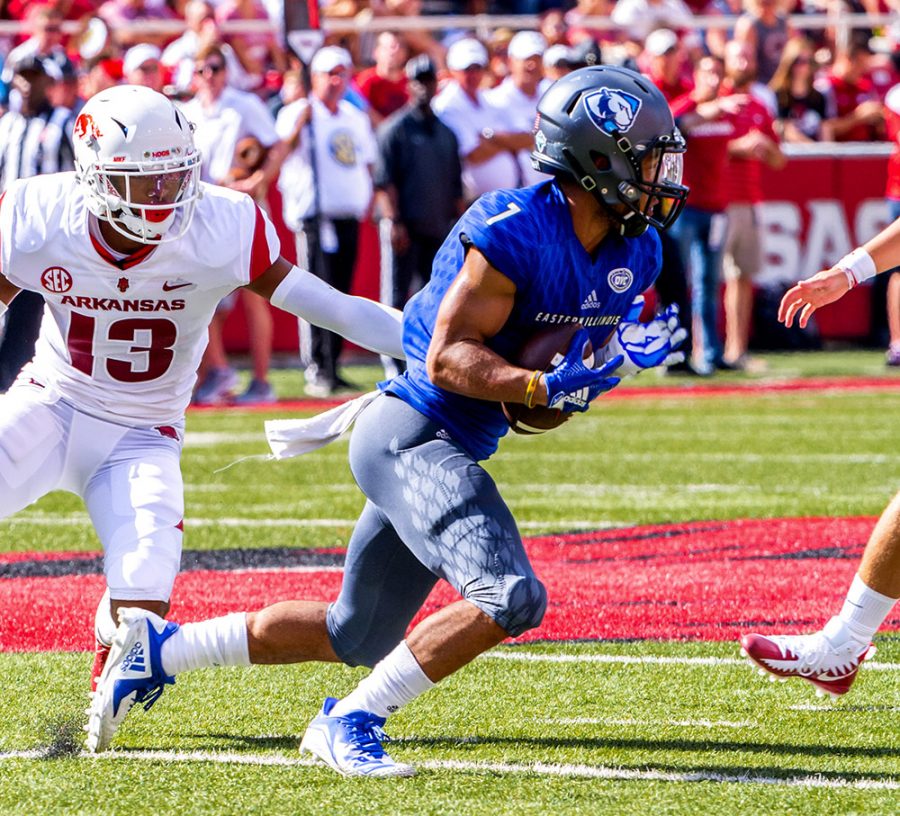 Eastern+receiver+Aaron+Gooch+%287%29+returns+a+punt+against+the+Arkansas+Razorbacks+during+the+Panthers+55-20+loss+Saturday.+Gooch+had+43-yards+receiving+on+six+receptions.