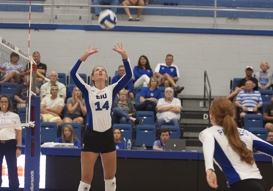 Eastern+redshirt-junior+Gina+Furlin+hits+a+ball+in+a+match+last+season+at+Lantz+Arena.+The+Eastern+volleyball+team+is+4-10+this+season.