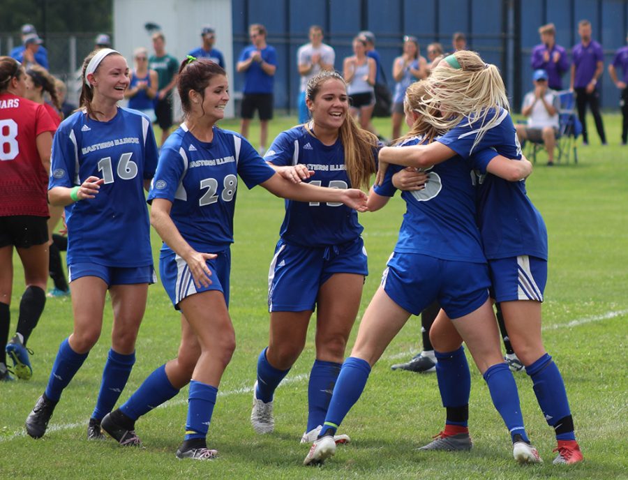 The+Panthers+celebrate+a+goal+by+Haylee+Renick+%286%29+on+Aug.+31+against+IUPUI.+It+was+the+Panthers+lone+goal+in+a+1-1+draw.