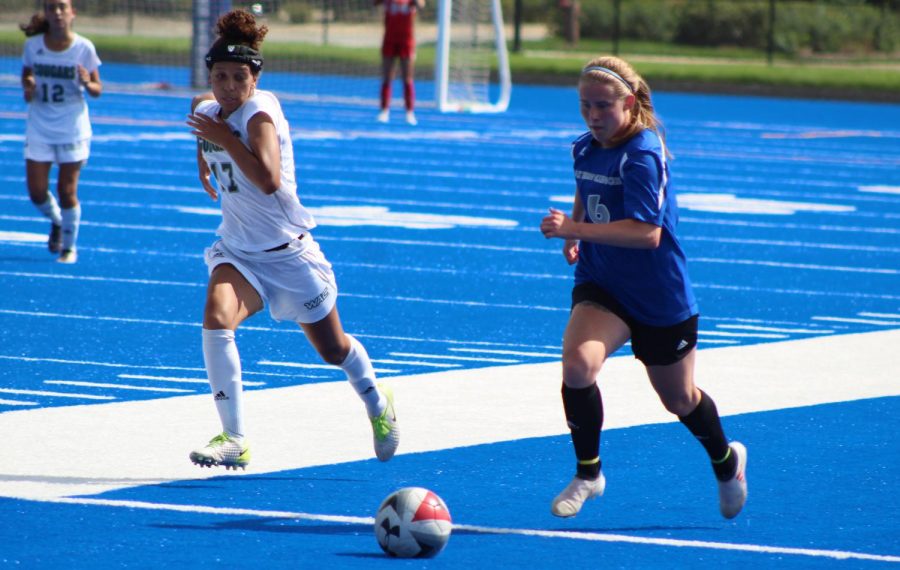 Eastern sophomore Haylee Renick chases down a ball in a 2-0 Panther win over Chicago State on the road. The Panthers moved their record to 1-2-2 after the win.
