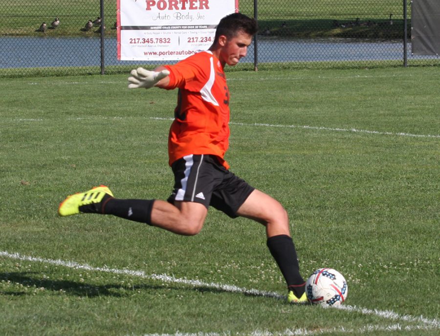 Goalkeeper Jonathan Burke winds up to take a goal kick for Eastern during the Panthers’ 1-1 draw with Evansville at Lakeside Field on Aug. 31.