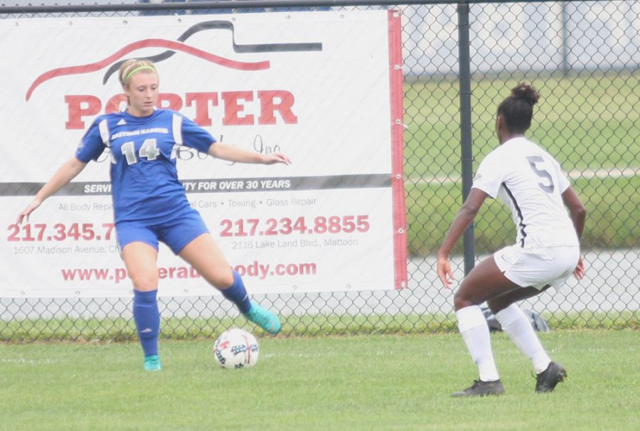 Eastern sophomore defender Victoria Wharton keeps the ball away from a Murray State player on Sept. 21. The Panthers lost the match 2-1 to the Racers.