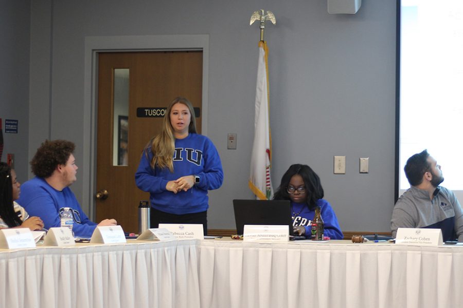 Rebecca Cash, Student Body President, goes over appointments at the student government meeting on Wednesday night. The meeting was held in the Arcola-Tuscola Room in the Martin Luther King Jr. University Union.