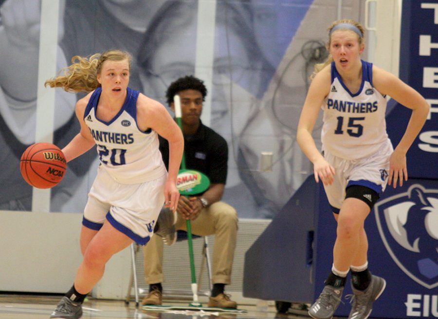 File Photo | The Daily Eastern News Junior Danielle Berry takes the ball up court with sophomore Taylor Steele in a game last season at Lantz Arena. Berry and Steele will both be key contributors this season to a group of guards that could be one of the best in the OVC.