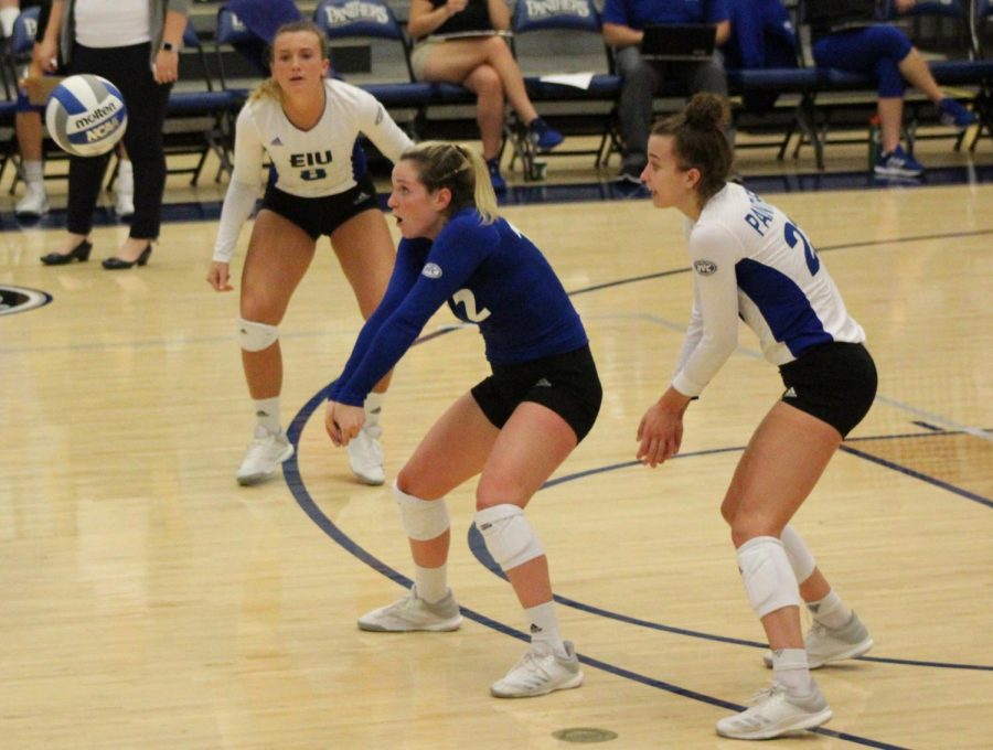 Eastern+libero+Anne+Hughes+%28center%29+receives+a+serve+in+the+match+againts+OVC+rival+Southeast+Missouri+on+Sept.+28+at+Lantz+Arena.+The+Redhawks+beat+the+Panthers+3-2.+The+Panthers+are+6-15+on+the+season+and+1-5+in+conference+play.+Hughes+leads+the+team+with+73+sets+played+this+season.+She+also+leads+the+entire+OVC+in+digs+with+386.