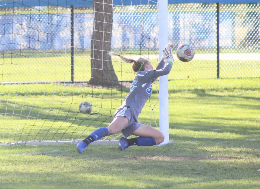Eastern goalkeeper Sara Teteak saves a shot in the penalty kick shootout against Southeast Missouri on Oct. 28. The Panthers won the shootout 3-2 to advance to the semifinals of the OVC Tournament on Friday, Nov. 2. In addition to this save, Teteak made three saves in regulation.