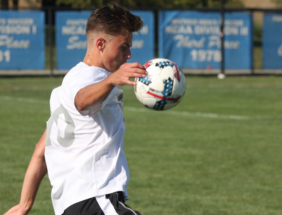 Christian Sosnowski settles the ball during Eastern’s 1-1 tie with Evansville at Lakeside Field on Aug. 31. Sosnowski leads Eastern with three goals this season.