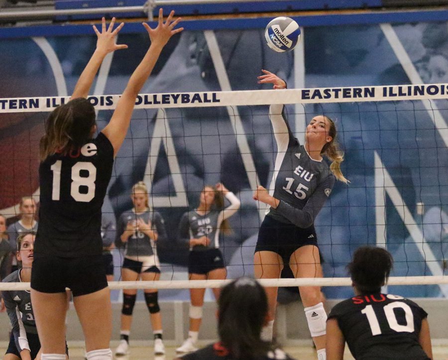 Eastern+outside+hitter+Laurel+Bailey+spikes+a+ball+into+Southern+Illinois+Edwardsville%E2%80%99s+court+during+the+Panthers%E2%80%99+3-0+shutout+victory+on+Sept.+19.
