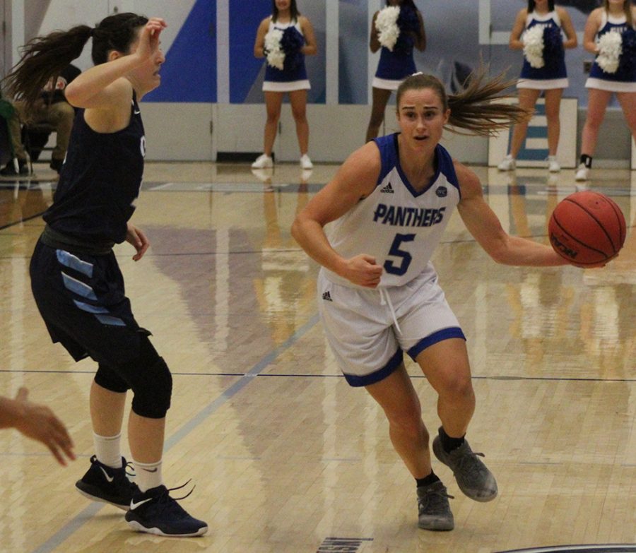 Eastern guard Grace Lennox takes the ball upcourt in the Panthers 102-43 win over Oakland City last week in Lantz Arena. Lennox struggled in the Panthers loss to Butler, she scored only one point against the Bulldogs.