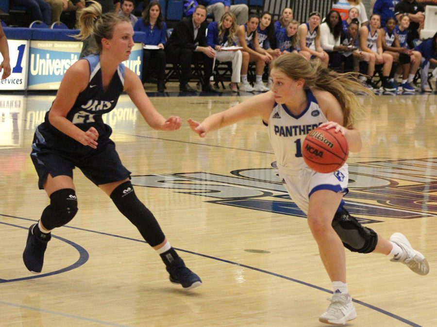 Eastern freshman Kira Arthofer drives the basket in Eastern’s 102-43 win over Oakland City on Nov. 6. Arthofer has been Eastern’s first guard off of the bench this season and she is averaging 18.3 minutes per game.