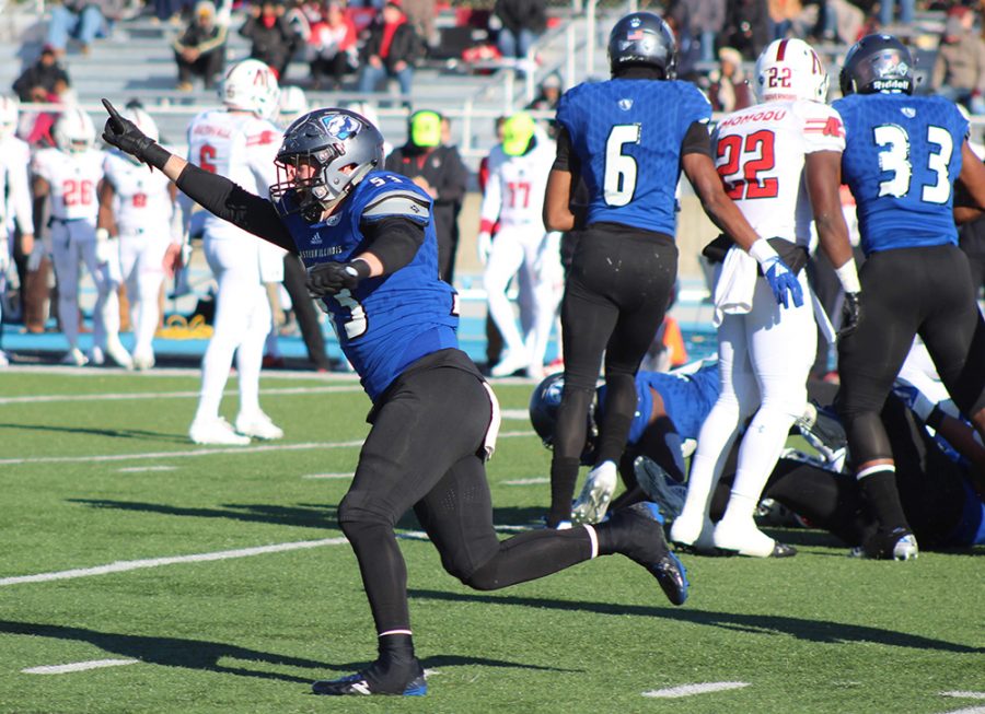 Eastern linebacker Camden Meade celebrates a fourth down stop in the Panthers 52-21 win over Austin Peay on Saturday at O’Brien Field. The win moved Eastern to 3-7 on the season and 3-4 in the Ohio Valley Conference.