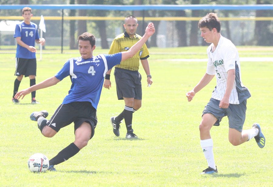 Matheus Santos winds up for a shot during Eastern’s 1-0 loss to Green Bay at Lakeside Field on Sept. 2.
