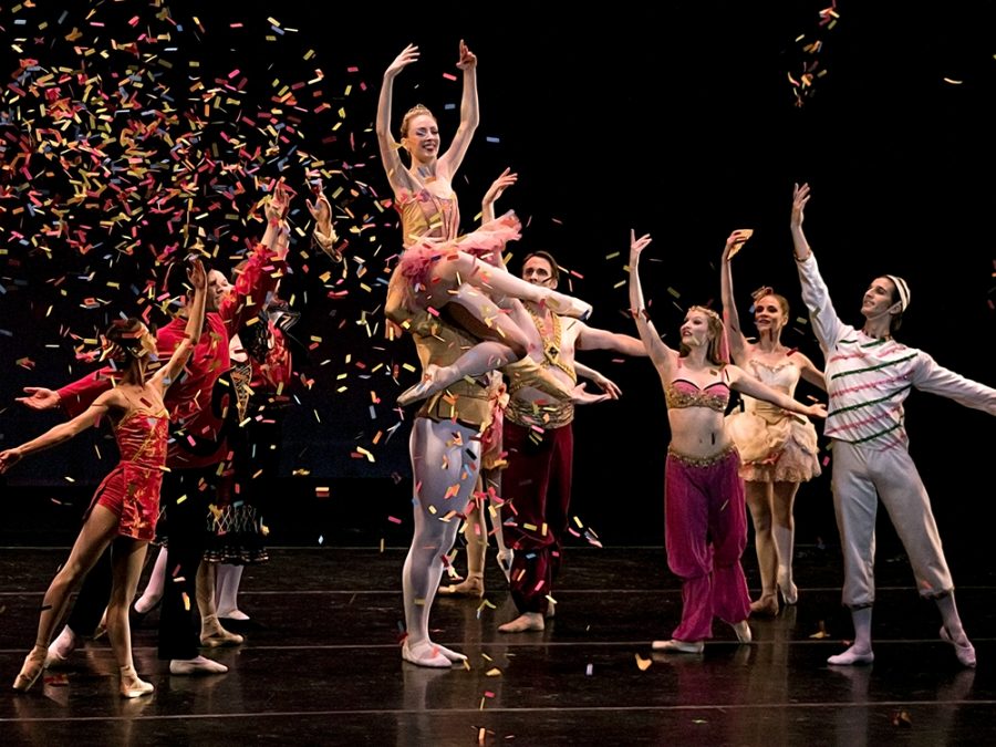 Members of the St. Louis Ballet Company perform in the Theatre at the Doudna Fine Arts Center Saturday eventing. “The confetti, I was not expecting that,” Usher Amanda Kiessling said. “Then when they put the lights back and it was still coming down when the bowed I was like ‘That’s so pretty.’”