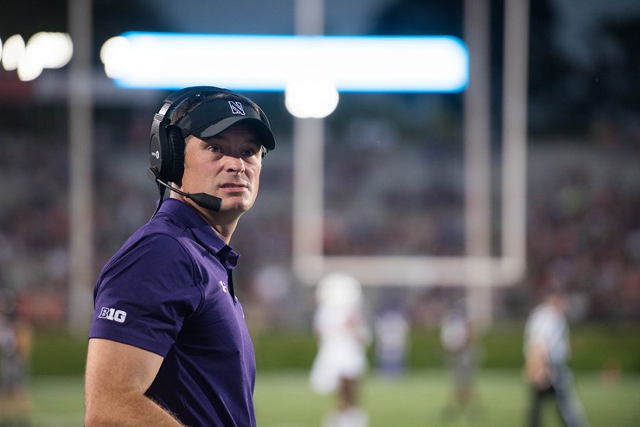 Eastern new head football coach Adam Cushing stands on the sideline during Northwestern’s win over Bowling Green in 2017. Cushing was announced as the 25th head coach in program history by the athletic department Sunday night.