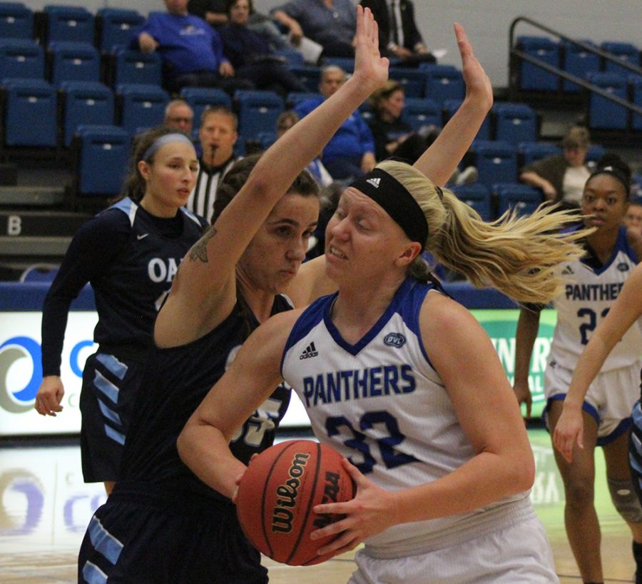 Eastern junior forward Jennifer Nehls drives the basket in the Panthers’ 102-43 win over Oakland City on Nov. 6. The Panthers travel will play Western and Southern Illinois this weekend in the first ever Compass Tournament.