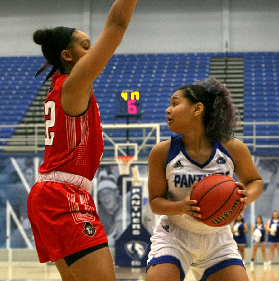Eastern guard Karle Pace works around an Austin Peay defender in the Panthers’ 73-60 loss to the Governors Saturday in Lantz Arena. Eastern plays Tennessee-Martin on the road Thursday.