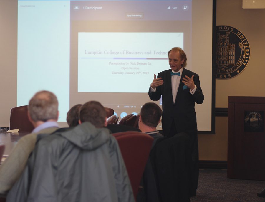 Nick Delener, the interim dean of business at Indiana University East, makes an appearance at the Martin Luther King Jr. University Union for an open interview session Tuesday afternoon for the dean of Lumpkin College of Business and Technology. Delener begins by introducing himself to the audience and later recounts his 18 years as a dean. Some of of his major accomplishments that he touches on include: developing 5 Year Strategic Plans, generating over a million dollars worth of financial resources, and increasing enrollment.