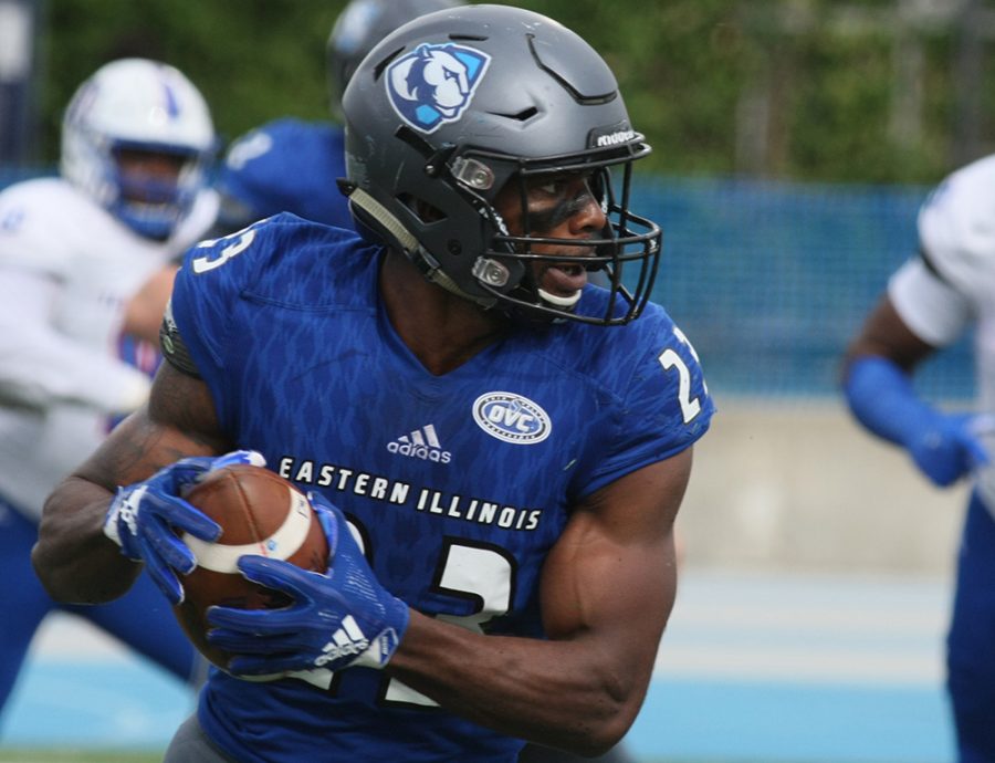 Former Eastern running back runs witht he ball in a 41-40 loss to Tennessee State last season at O’Brien Field. Johnson is an NFL hopeful now and compete and won MVP awards in two bowl games this offseason.