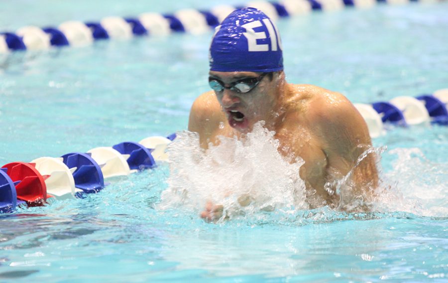 Eastern freshman Jarod Farrow swims in a meet against Saint Louis on Oct. 19 in Lantz Arena. The Panthers travel to the Summit League Championship on Wednesday.