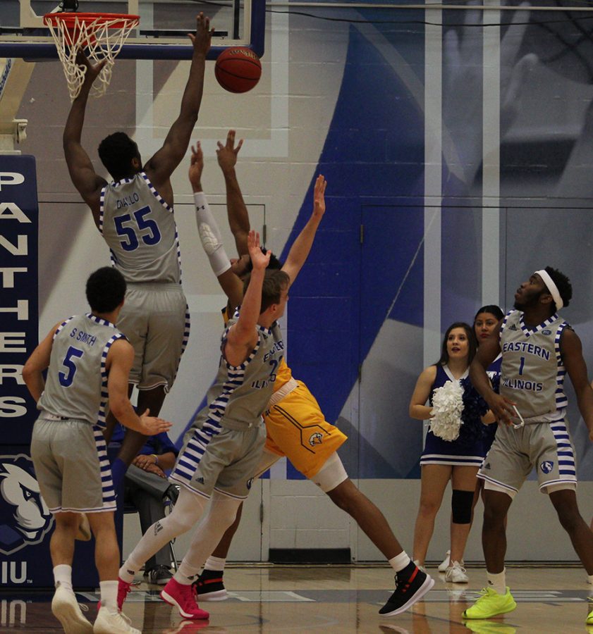 Aboubacar Diallo blocks a shot during Eastern’s 84-78 loss to Morehead State Feb. 1 in Lantz Arena. The block was Diallo’s 98th career block, which put him in sole possession of third place on Eastern’s career blocks list, just ahead of Muusa Dama who had 97.