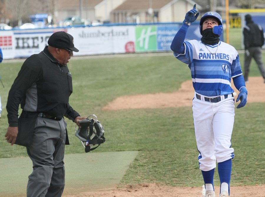 Eastern’s Christian Pena celebrates after hitting a home run in Eastern’s 10-9 loss to Southeast Missouri Sunday at Coaches Field. Eastern is now 5-5 in conference play.