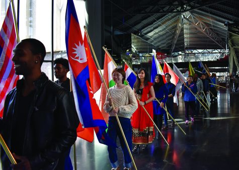 The Asian Heritage Month Kick-off Reception begins with a flag procession at the Doudna Fine Arts Center on Monday afternoon.