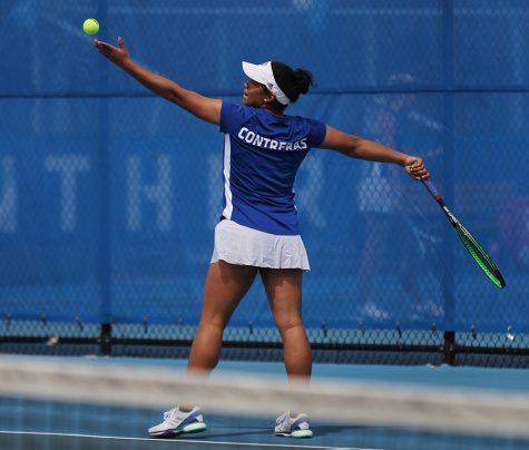 Eastern’s Karla Contreras serves a ball in the Panthers’ 6-1 loss to Murray State on April 13. Eastern finishes its regular season this weekend.