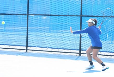 Eastern’s Karla Contreras prepares to return a ball in the Panthers’ match against Jacksonville State March 22 at the Darling Courts. Eastern hosts Austin Peay on Friday.