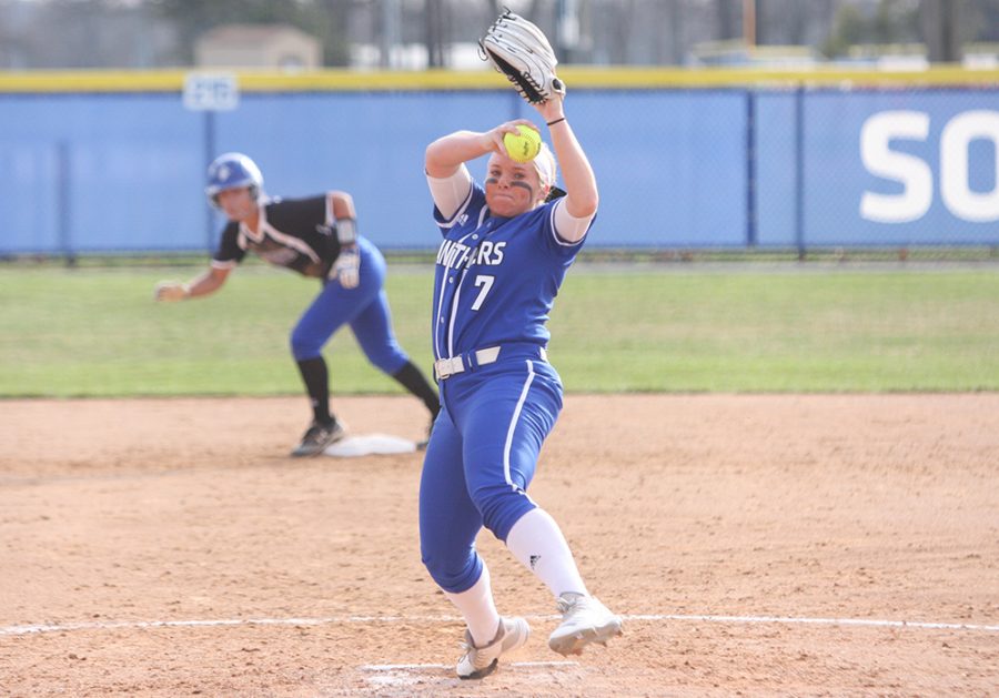 Eastern’s Jade Montgomery throws a pitch in the Panthers’ 6-4 loss to Indiana State April 3 at Williams Field. Eastern travels to play Morehead State this weekend.