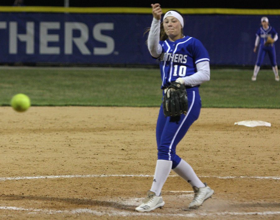 Eastern freshman Hannah Cravens throws a pitch in the Panthers’ 5-4 loss to Indiana State Wednesday night at Williams Field. Eastern lost both games of the doubleheader.