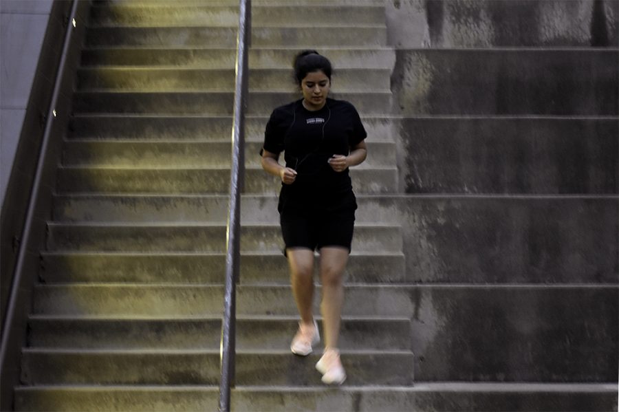 Jessica Valenzuela, a senior Elementry Education student from the University of Illinois at Urbana-Champaign, climbs stairs back and forth on Wednesday evening at the Mellin Steps outside the Doudna Fine Arts Center.
