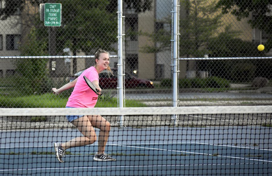 Olivia Bommelje, a graduate from the Charleston High School Class of 2019, plays pickleball with a friend at the tennis court next to Andrew Hall Tuesday afternoon. Bommelje said she will attend the University of Missouri and major in engineering.