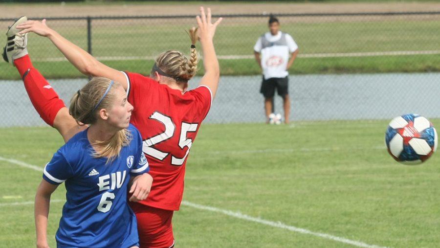 Dillan Schorfheide | The Daily Eastern News
Haylee Renick posts up against a defender to try and coral a pass during the Eastern women’s soccer team’s 1-1 tie in an exhibition match against Northern Illinois Aug. 16 at Lakeside Field.