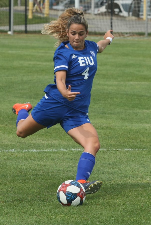 Dillan Schorfheide | The Daily Eastern News
Eva Munoz winds up to deliver a free kick in Eastern’s 1-1 tie against Northern Illinois on August 16th at Lakeside Field.