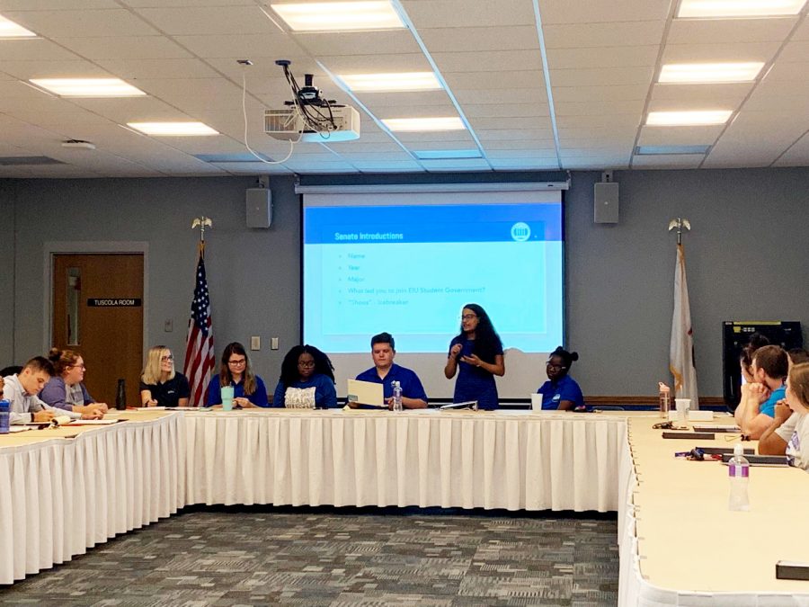 Student Senate introduce themselves individually by stating their fun facts such as their name, year, major, “What led you to join EIU Student Governement?” and how far have their shoes gone to.