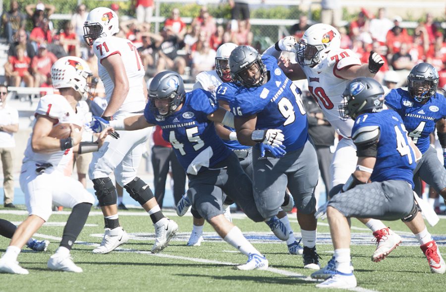 Terrell Greer breaks through the offensive line to chase down the ball carrier. Eastern lost to Illinois State 21-3 Saturday at O’Brien Field.