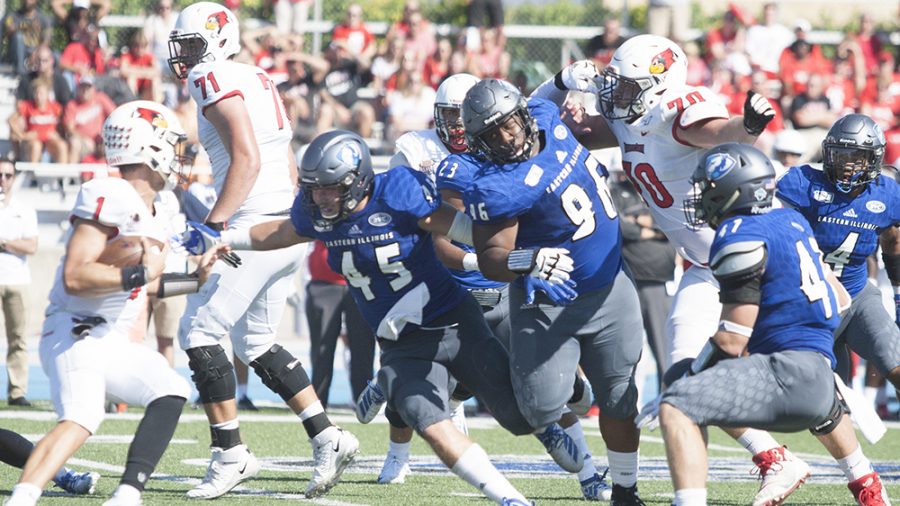 Karina Delgado | The Daily Eastern News
Terrell Greer breaks through the offensive line to chase down the ball carrier. Eastern lost to Illinois State 21-3 Saturday at O’Brien Field.