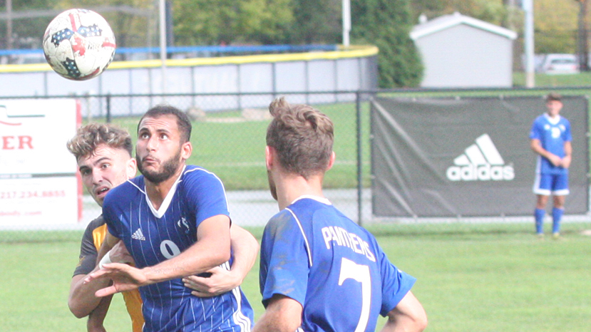 File Photo | The Daily Eastern News
Shady Omar tries to retrieve the ball out of midair as a defender grabs him during the Eastern men’s soccer team’s 2-1 loss to Valparaiso in October 2018 at Lakeside Field.