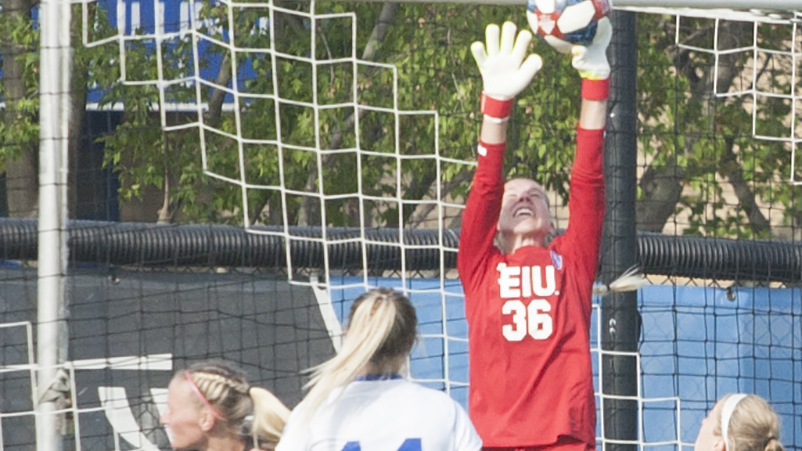 Dillan Schorfheide | The Daily Eastern News
Sara Teteak rises up in front of the goal to bat away a crossed ball. Eastern lost 1-0 to Eastern Kentucky Sept. 27 at Lakeide Field.