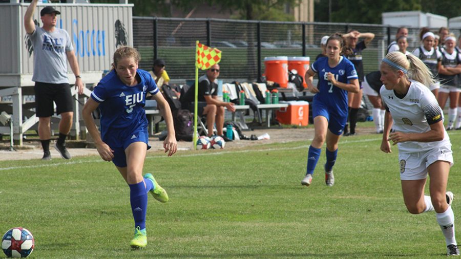 Tom O’Connor | The Daily Eastern News
Lexi Ketterhagen sprints after the ball as a defender closes in on her to steal to the ball away. Eastern lost its home-opener 1-0 to Fort Wayne Sunday at Lakeside Field.