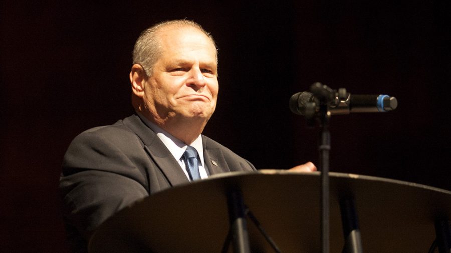 Eastern President David Glassman delivers his State of the University address in the Doudna Fine Arts Center Thursday afternoon. Glassman spoke multiple times of the growing status of Eastern, largely in part to a growth in enrollment and a stronger state budget situation. 