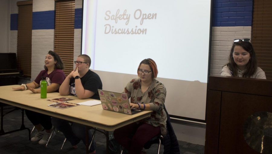 Sam Hennegan (far left), a sophomore double majoring in English and philosophy, Alex Mullin (left), a sophomore majoring in mathematicians education, Liz Wilson (right), a senior majoring in 2D studio art and Grase Osborn (far right), a senior majoring in biological sciences, lead a Safety Open Discussion during Pride on Monday evening at the Martin Luther King Jr. Student Union in the Charleston/Mattoon room. They covered topics such as pronouns and resources like the Center for Gender and Sexual Diversity and Transformation Station, which is located in the lower level of Stevenson Hall.