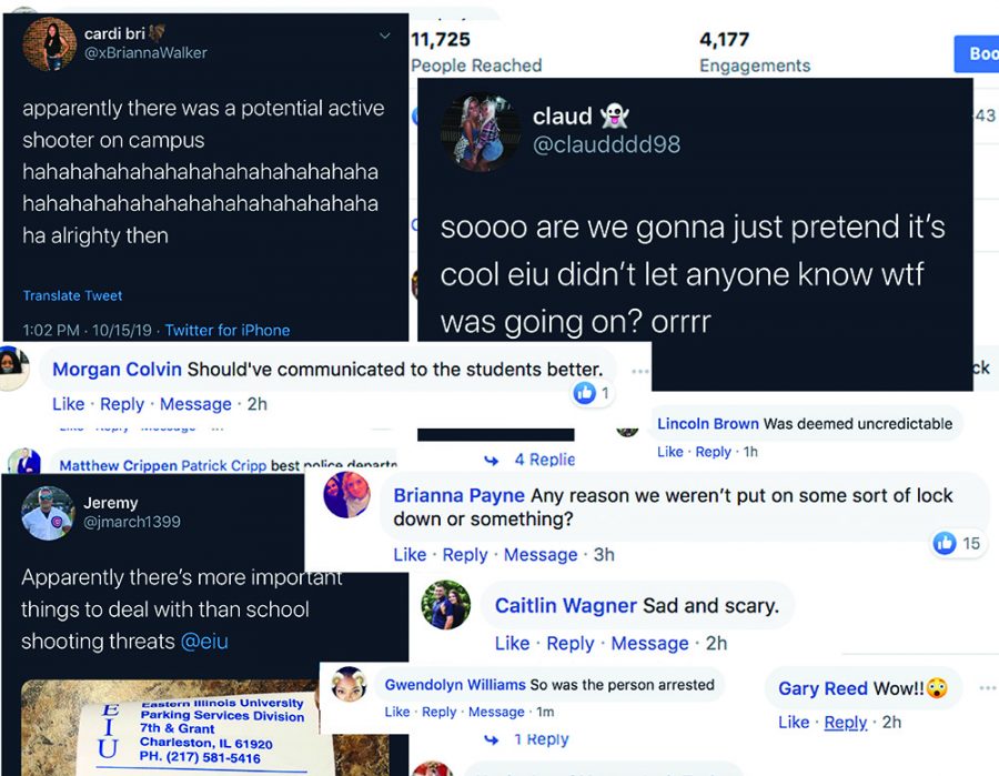 The graphic illustrates several comments listed under the post about police responding to a 10-32 dispatch (man with gun) at Douglas Hall as well as tweets regarding the whole incident. Students reacted to the threat on social media , some questioning what was happening and some perpetuating misinformation. There was no shooter on campus, there was no gun in Douglas Hall and there was no credible threat.