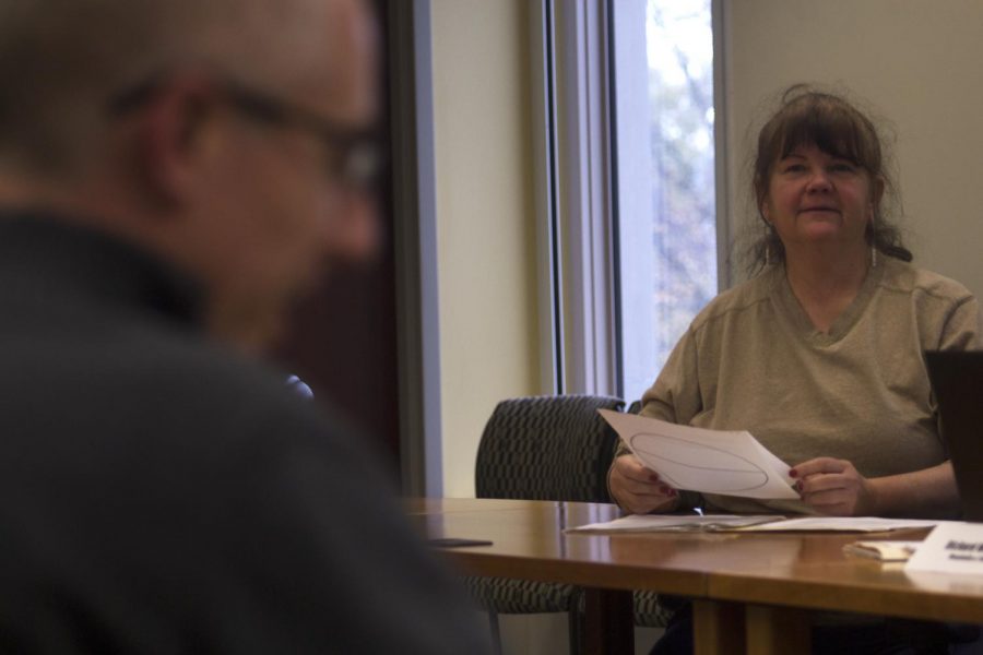 Diane Burns, chair of the Department of Geology and Geography, answers a question from the Council on Academic Affairs about a proposal to revise the environmental sustainability and environmental studies minors to replace them both with a new minor: the environmental impact and sustainability minor. CAA voted unanimously Thursday afternoon to approve the proposal.
