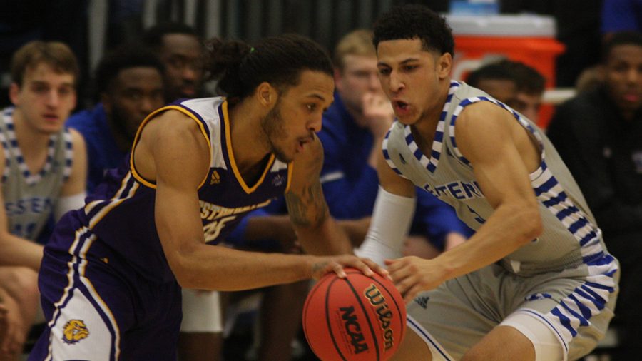 Eastern guard Shareef Smith guards a Western Illinois player in Lantz Arena last November. Smith had 12 points in the game, which the Panthers won 68-66 in overtime. 