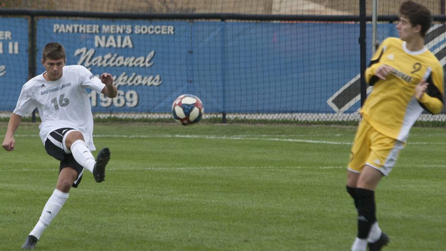 Dillan Schorfheide | The Daily Eastern News
Quinn Rechner boots a long pass upfield, as a defender jumps to try and block it. Eastern lost 2-0 to Milwaukee Tuesday at Lakeside Field.