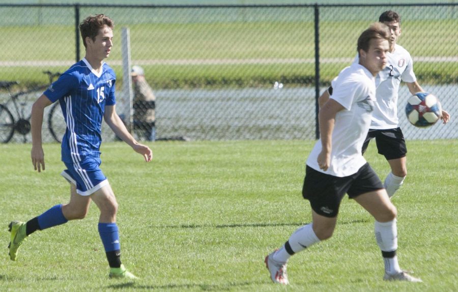 Dillan Schorfheide | The Daily Eastern News
Freshman Maxwell Allen attempts to intercept a pass in Eastern’s 0-0 double-overtime tie against Omaha on Oct. 19 at Lakeside Field.