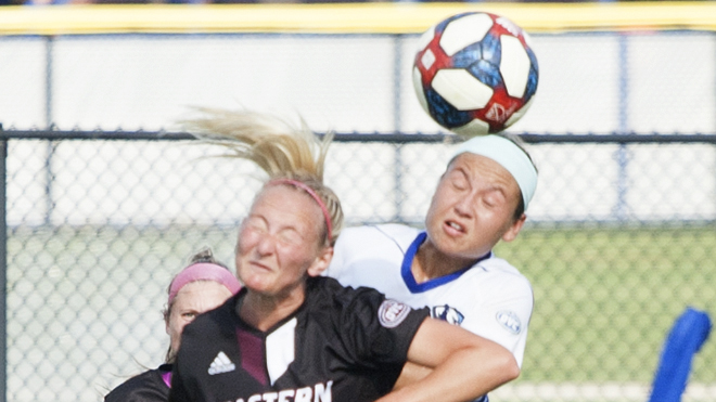 Dillan Schorfheide | The Daily Eastern News
Angela Corcoran wins a contested head ball in the middle of the field. Eastern lost 1-0 to Eastern Kentucky Sept. 27 at Lakeside Field.